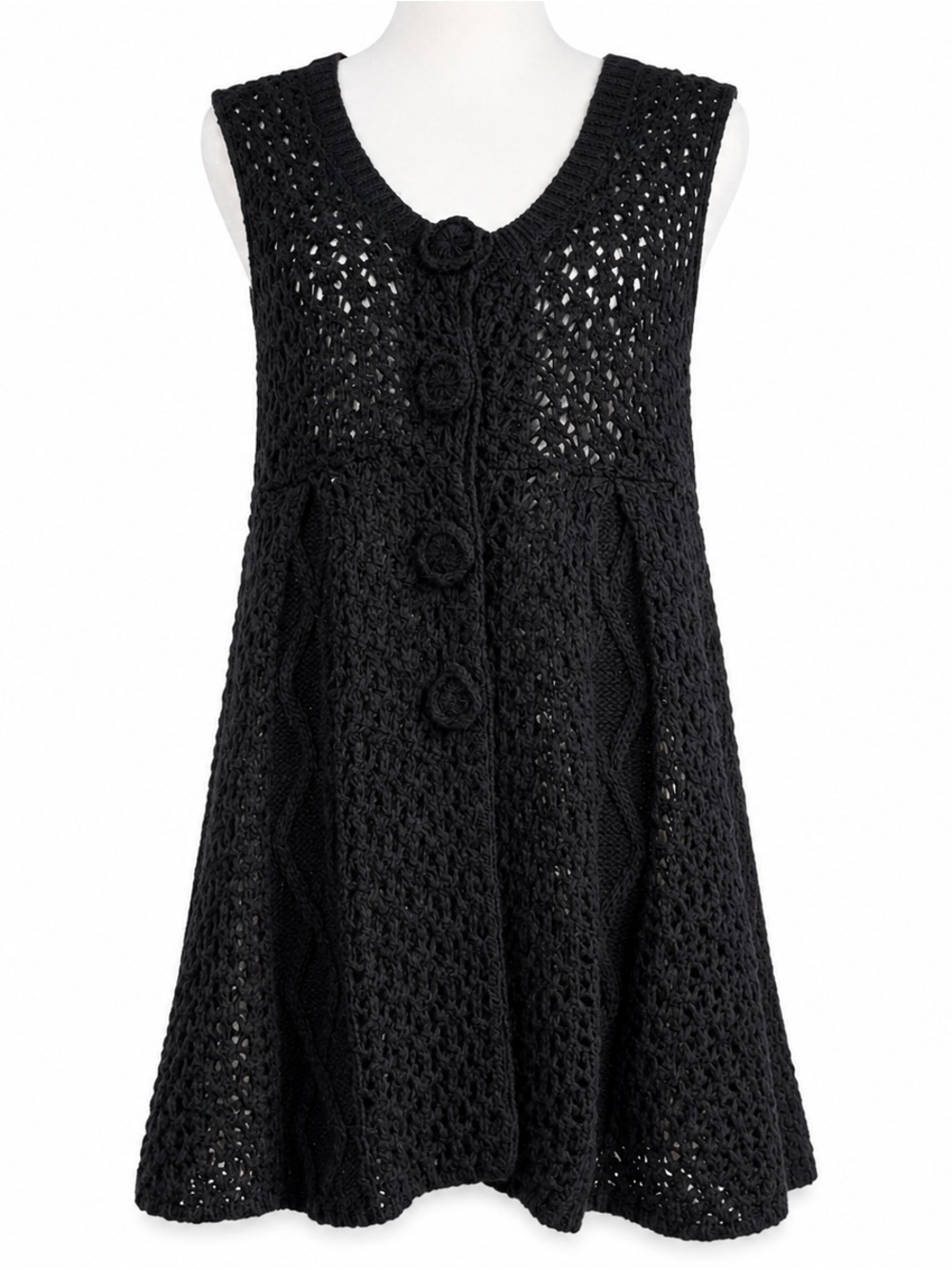 Vertigo Paris long black cardigan sweater a sleeveless crochet xl wool blend